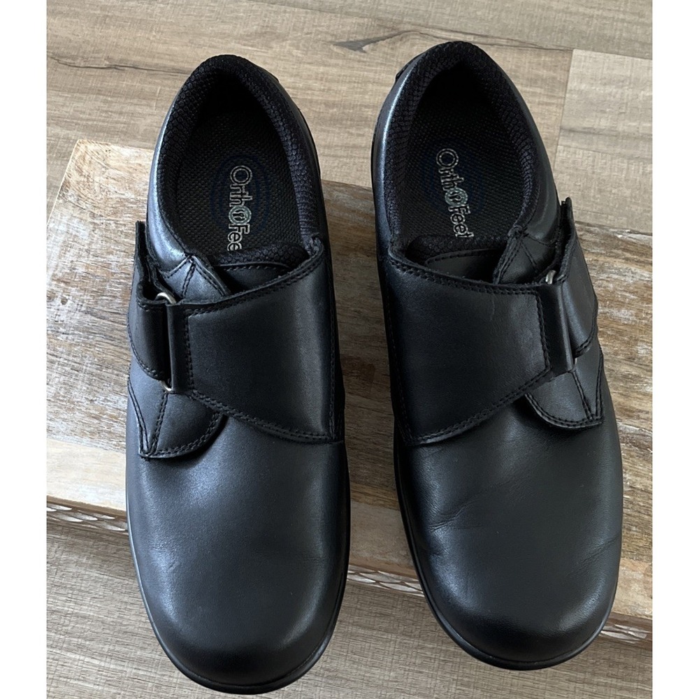 Orthofeet 810 Womens Black Leather Hook and Loop Walking Shoes 9.5 B Comfort